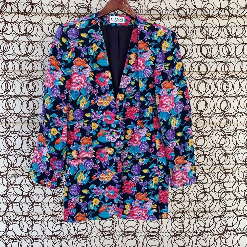 Vintage Gianni multi color over black floral silk single button blazer